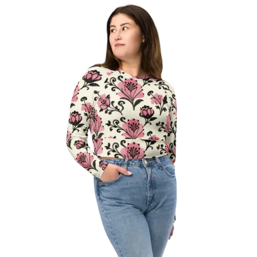 Pink Curlicue Garden on a Long Sleeve Crop Top