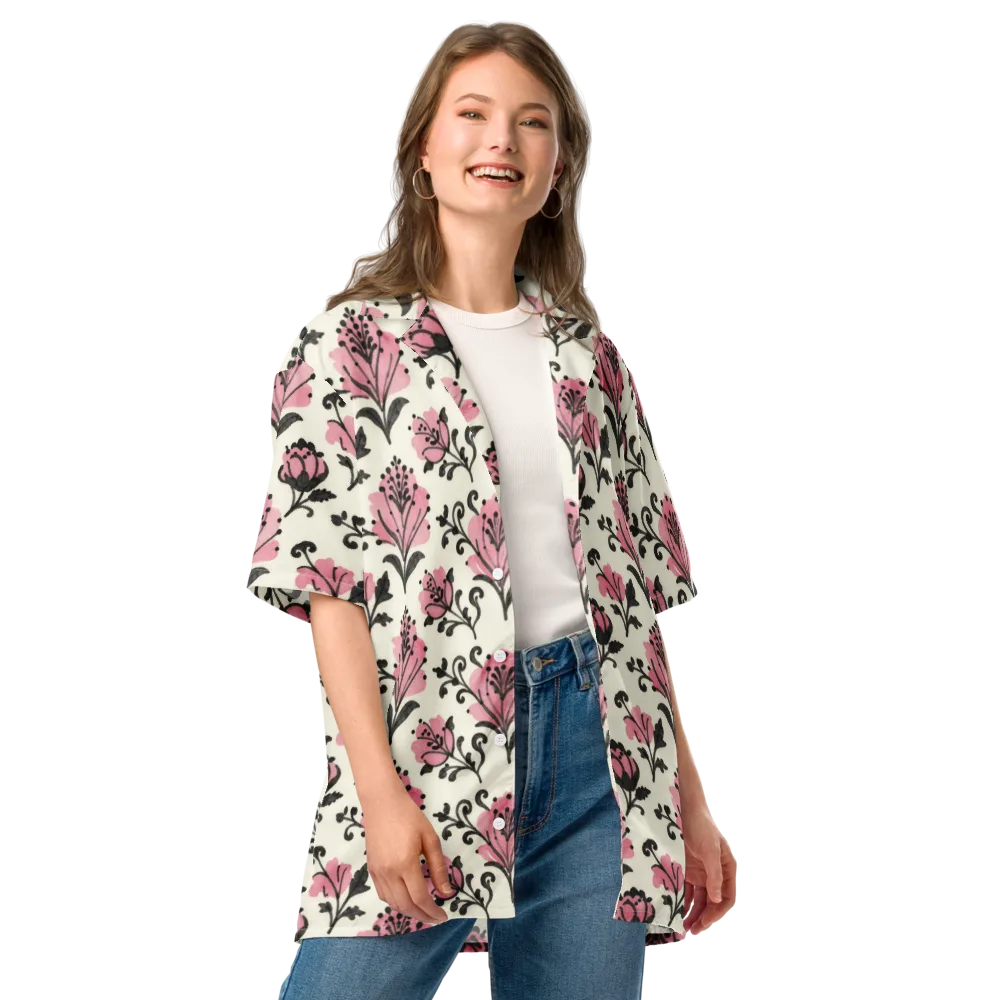 Pink Curlicue Garden on Button Shirt — Front
