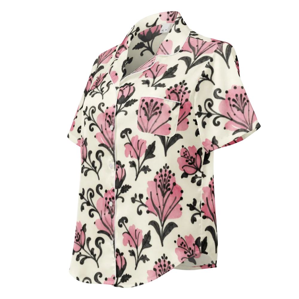 Pink Curlicue Garden on Women's Short Sleeve Pajama Top — Left Front