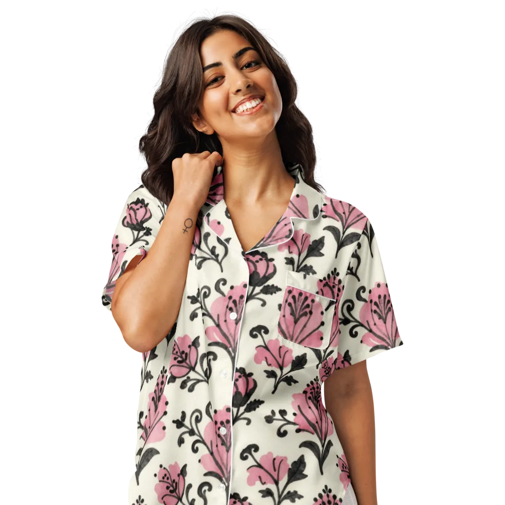 Pink Curlicue Garden on Women's Short Sleeve Pajama Top — Front