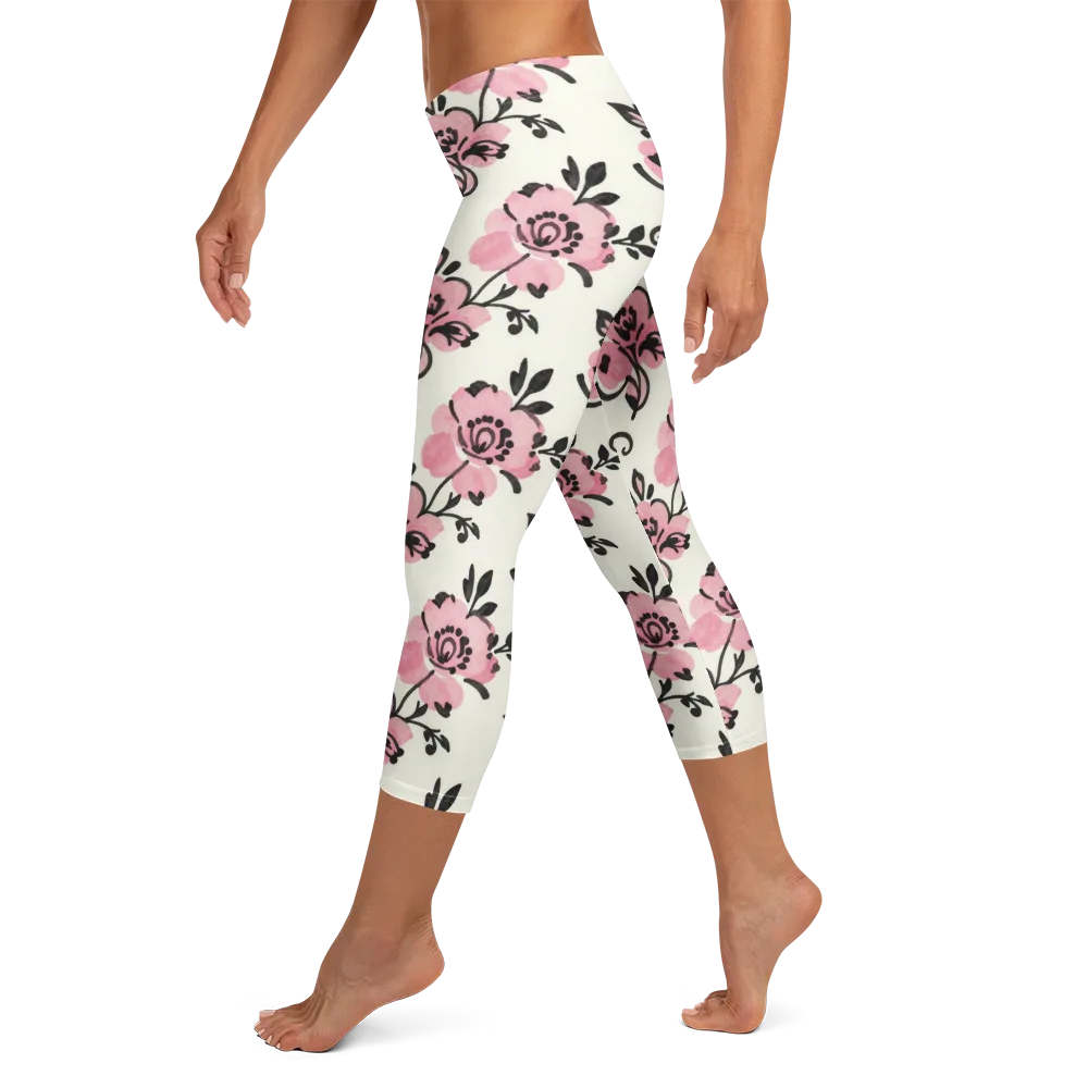 Pink Ink Garden on Capri Leggings — Left
