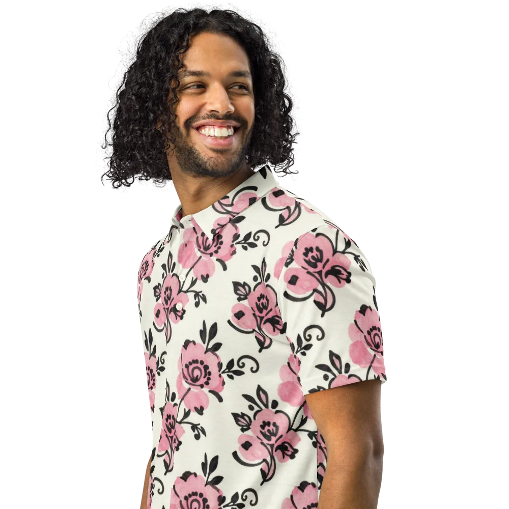 Pink Ink Garden on Men's Slim Fit Polo Shirt — Left Front