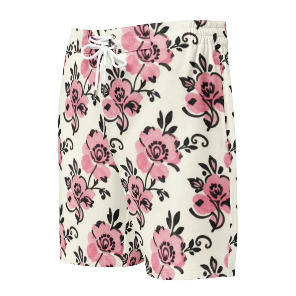 Pink Ink Garden on Men's Board Shorts — Front