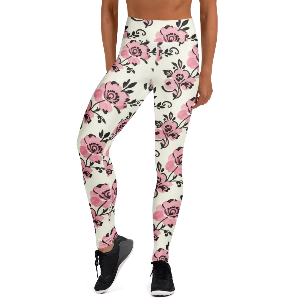 Pink Ink Garden on Yoga Leggings — Front