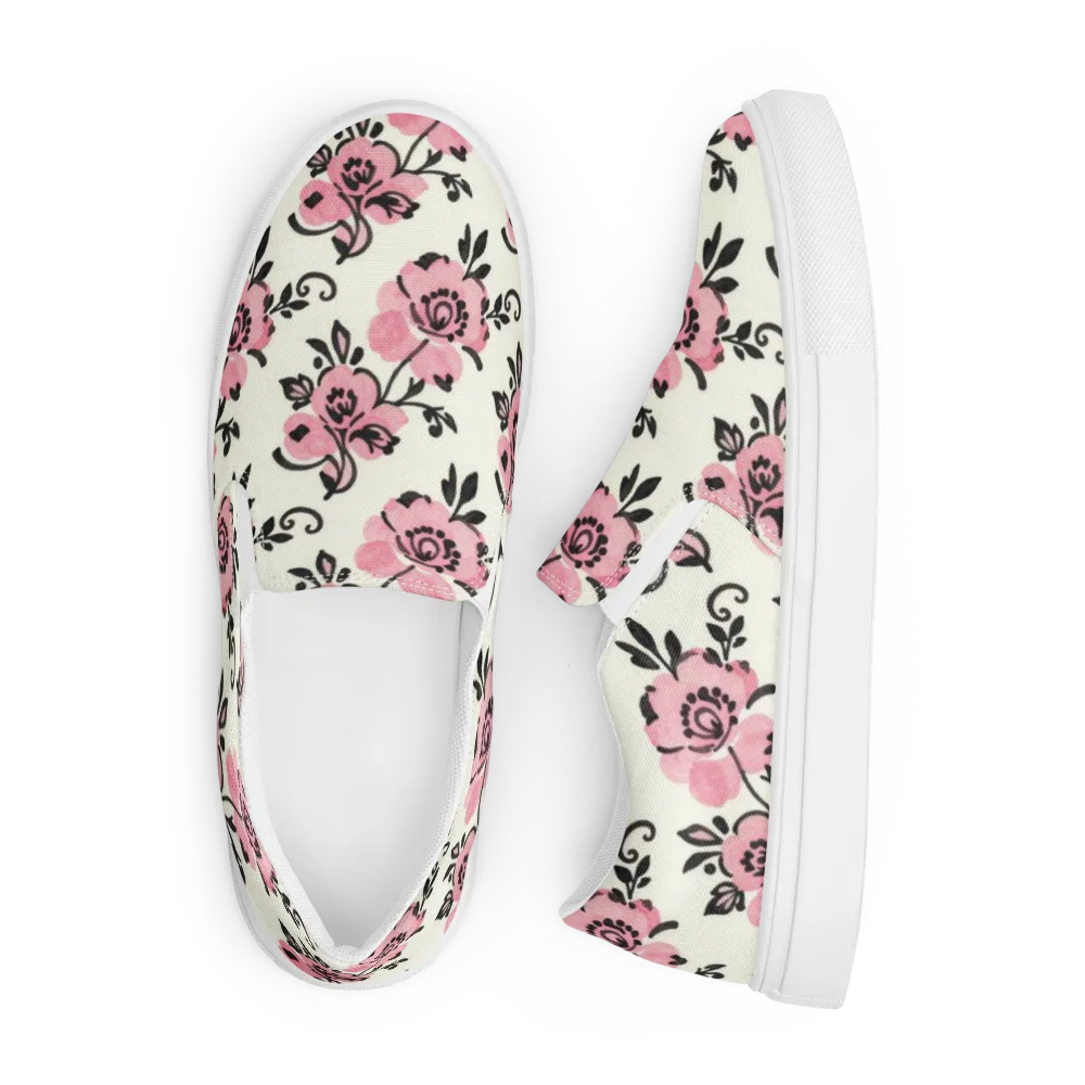 Pink Ink Garden on Men's Slip-On Canvas Shoes — Front
