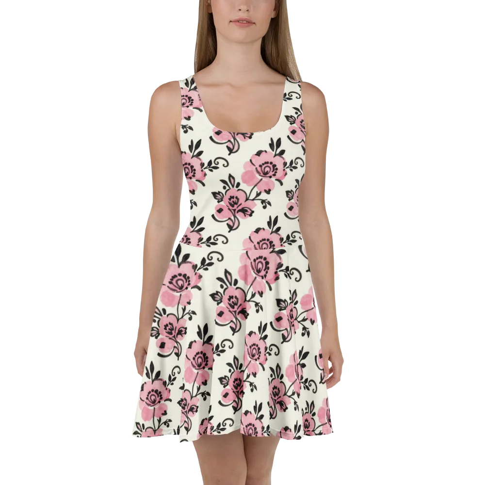 Pink Ink Garden on Skater Dress — Front