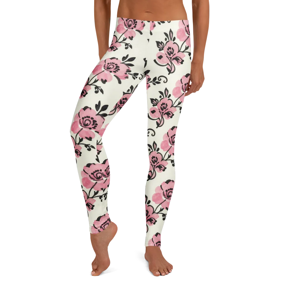 Pink Ink Garden on Leggings — Front