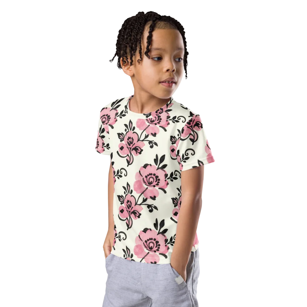 Pink Ink Garden on Kids Crew Neck T-Shirt — Left Front