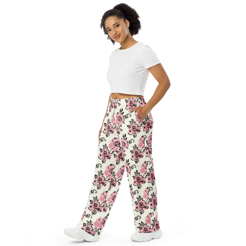 Pink Ink Garden on Wide-Leg Pants — Left Front