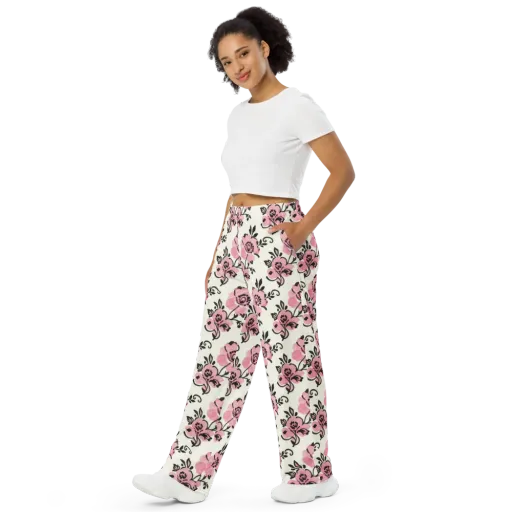 Pink Ink Garden on a Wide-Leg Pants