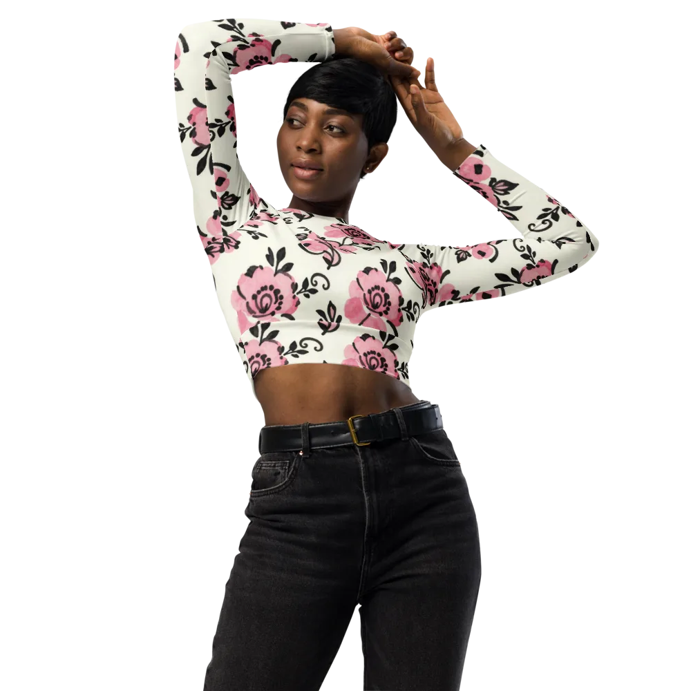 Pink Ink Garden on Long Sleeve Crop Top — Front