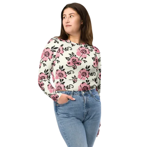 Pink Ink Garden on a Long Sleeve Crop Top
