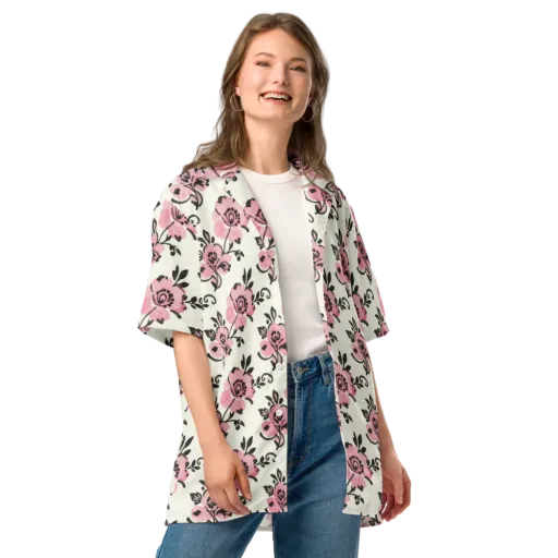 Pink Ink Garden on a Button Shirt