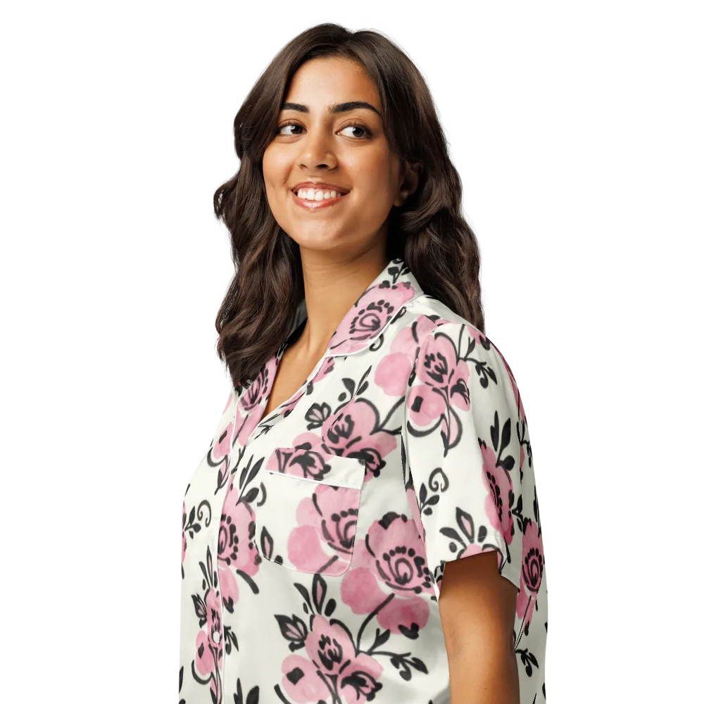 Pink Ink Garden on Women's Short Sleeve Pajama Top — Left Front