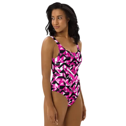 Neon Chevron Static on a One-Piece Swimsuit