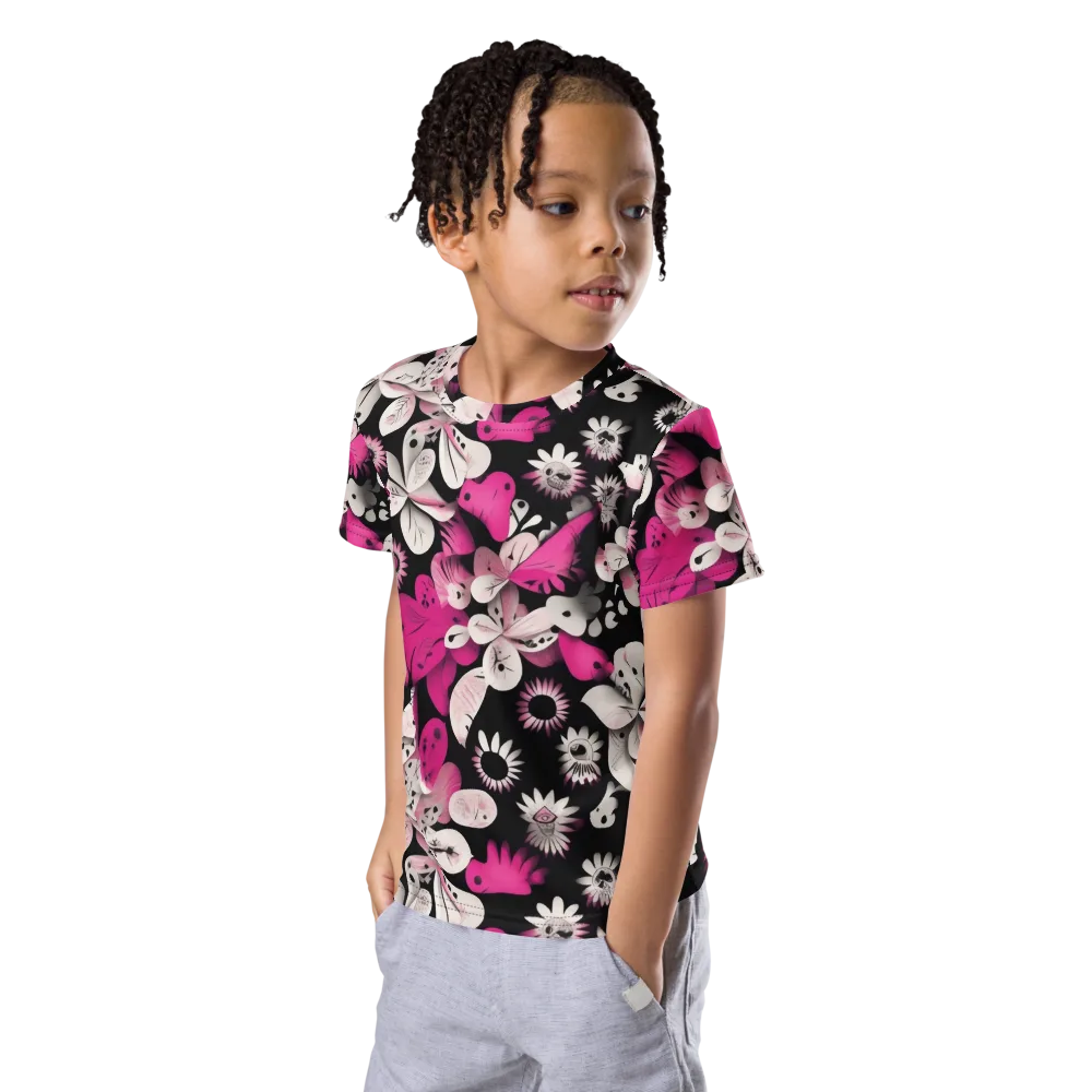 Pink Noir Garden on Kids Crew Neck T-Shirt — Left Front