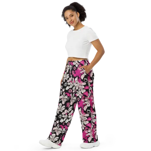 Pink Noir Garden on a Wide-Leg Pants