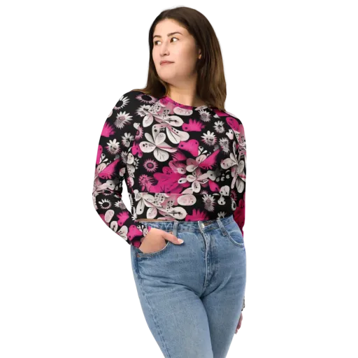 Pink Noir Garden on a Long Sleeve Crop Top