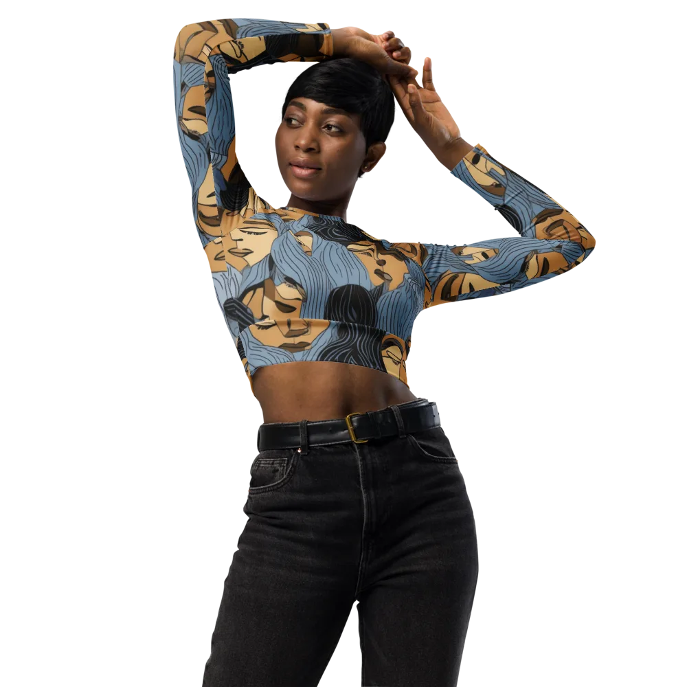 Blue Hour Faces on Long Sleeve Crop Top — Front