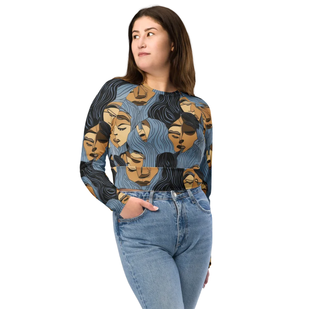 Blue Hour Faces on Long Sleeve Crop Top — Front