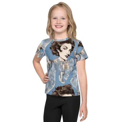 Blue Belle Botanica on a Kids Crew Neck T-Shirt
