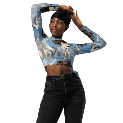 Blue Belle Botanica on a Long Sleeve Crop Top