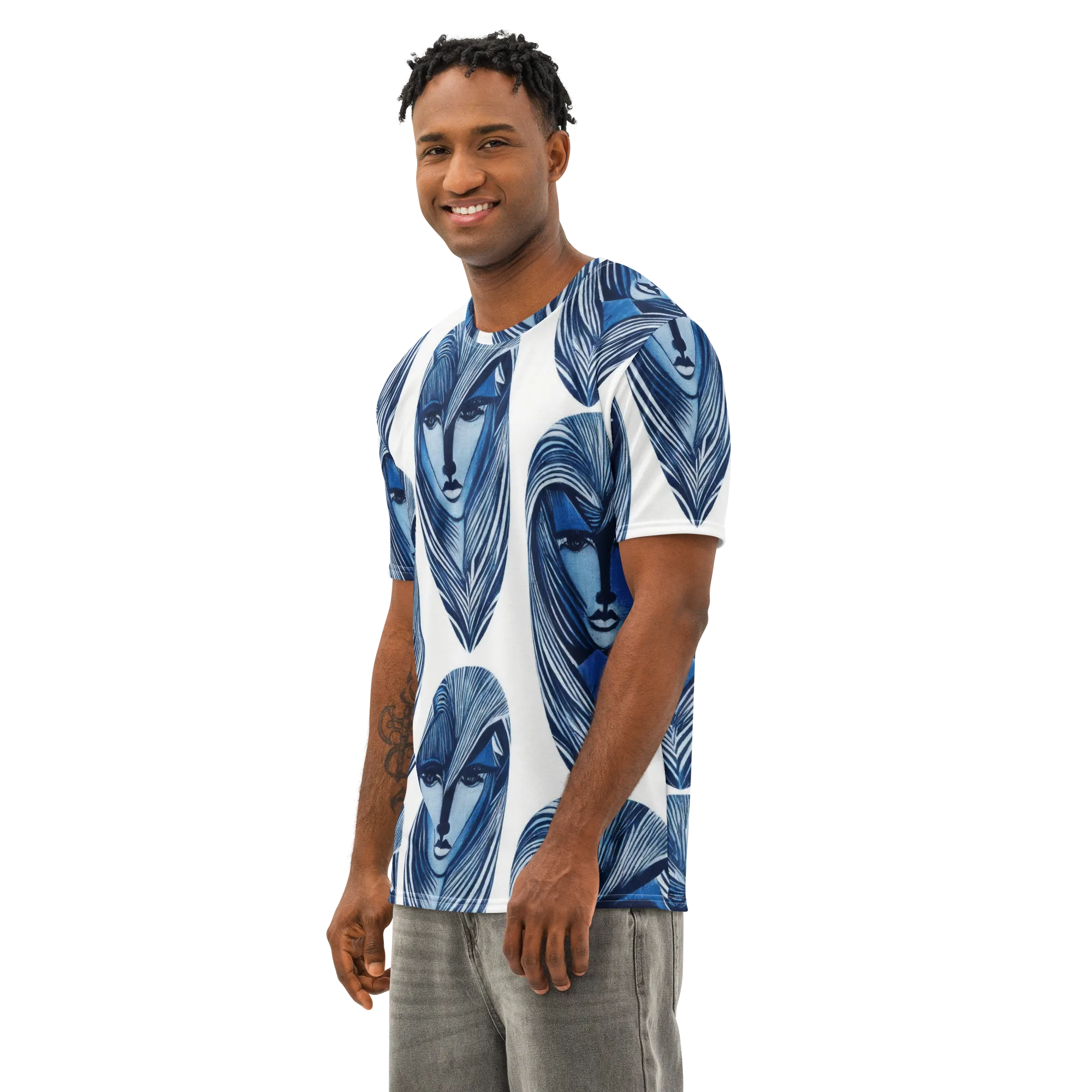 Indigo Visage on Men's Cotton Crew Neck T-Shirt — Left Front