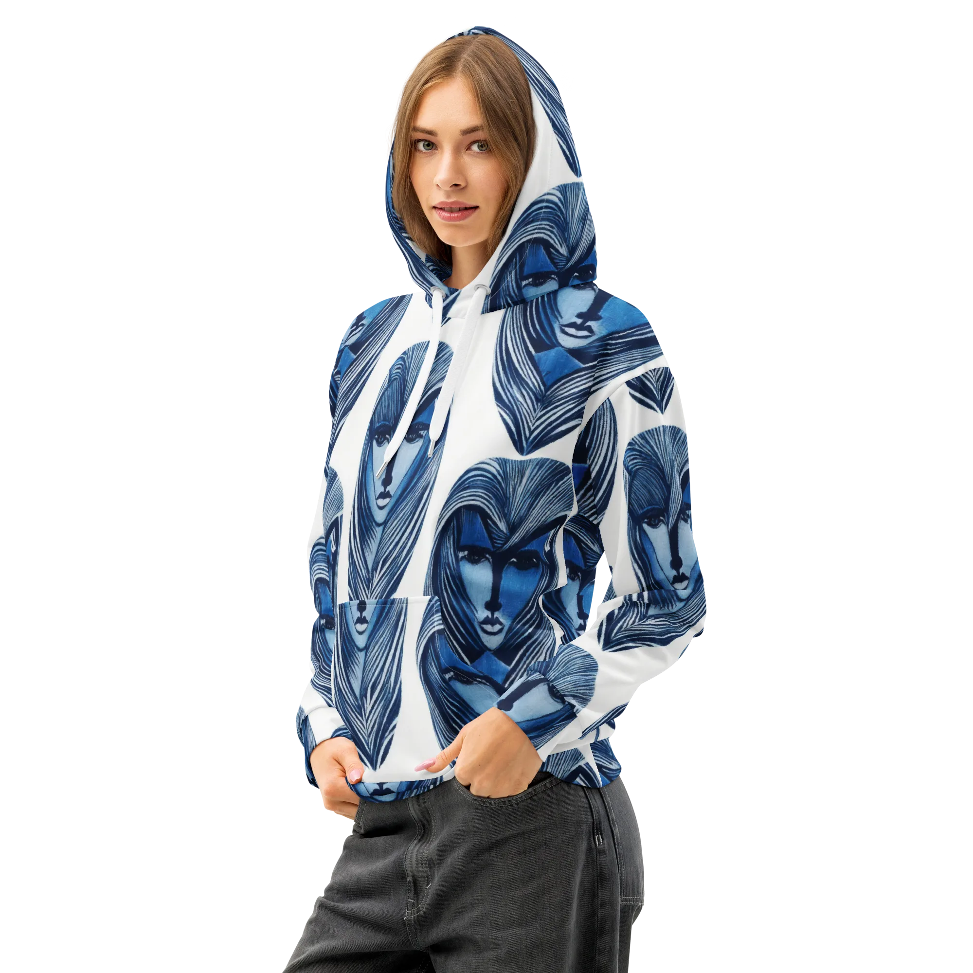 Indigo Visage on Cotton Hoodie — Left Front