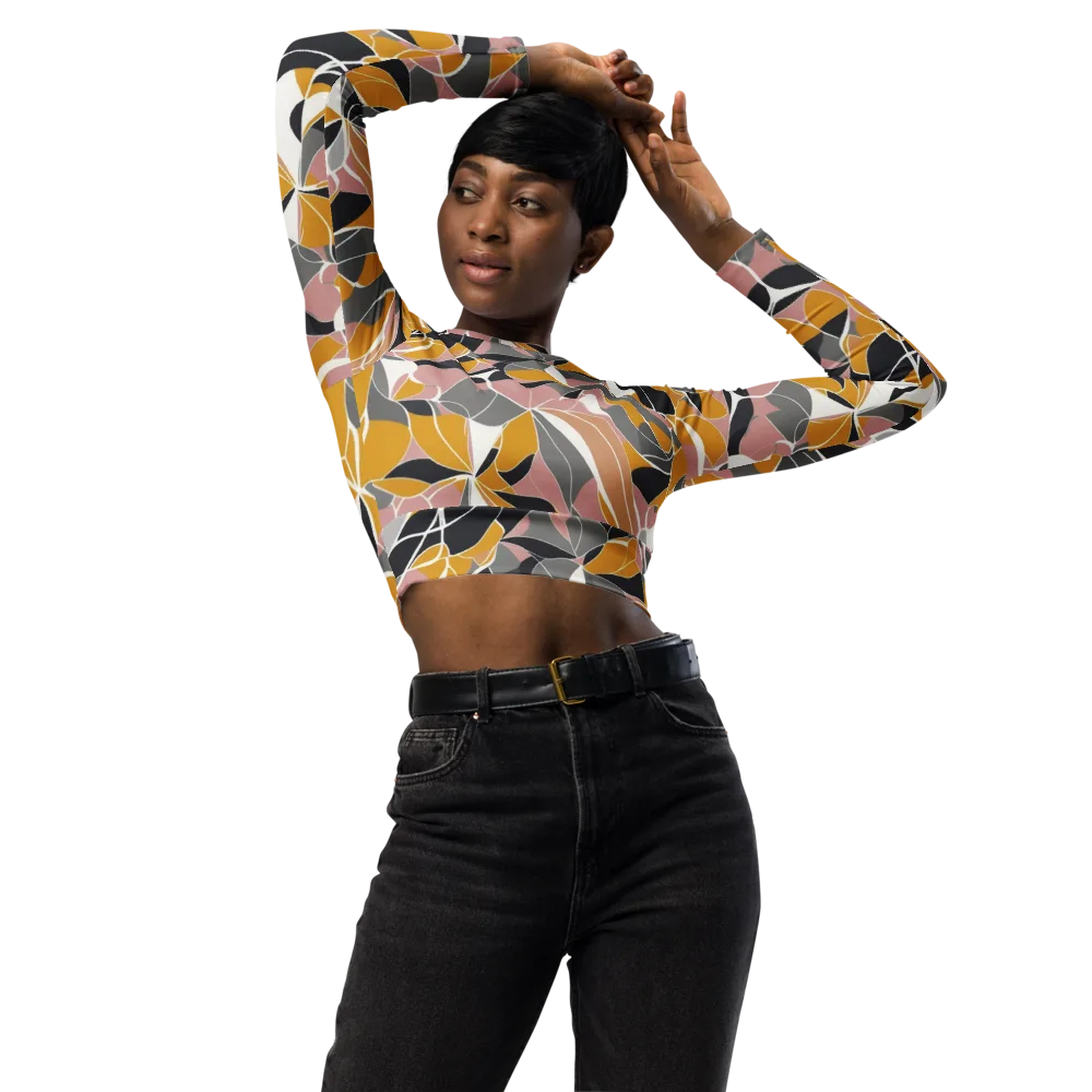 Ochre Petal Circuit on Long Sleeve Crop Top — Front