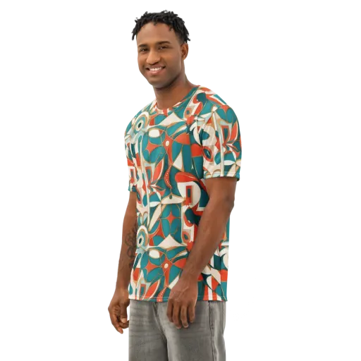Teal Ember Mosaic on a Men's Cotton Crew Neck T-Shirt