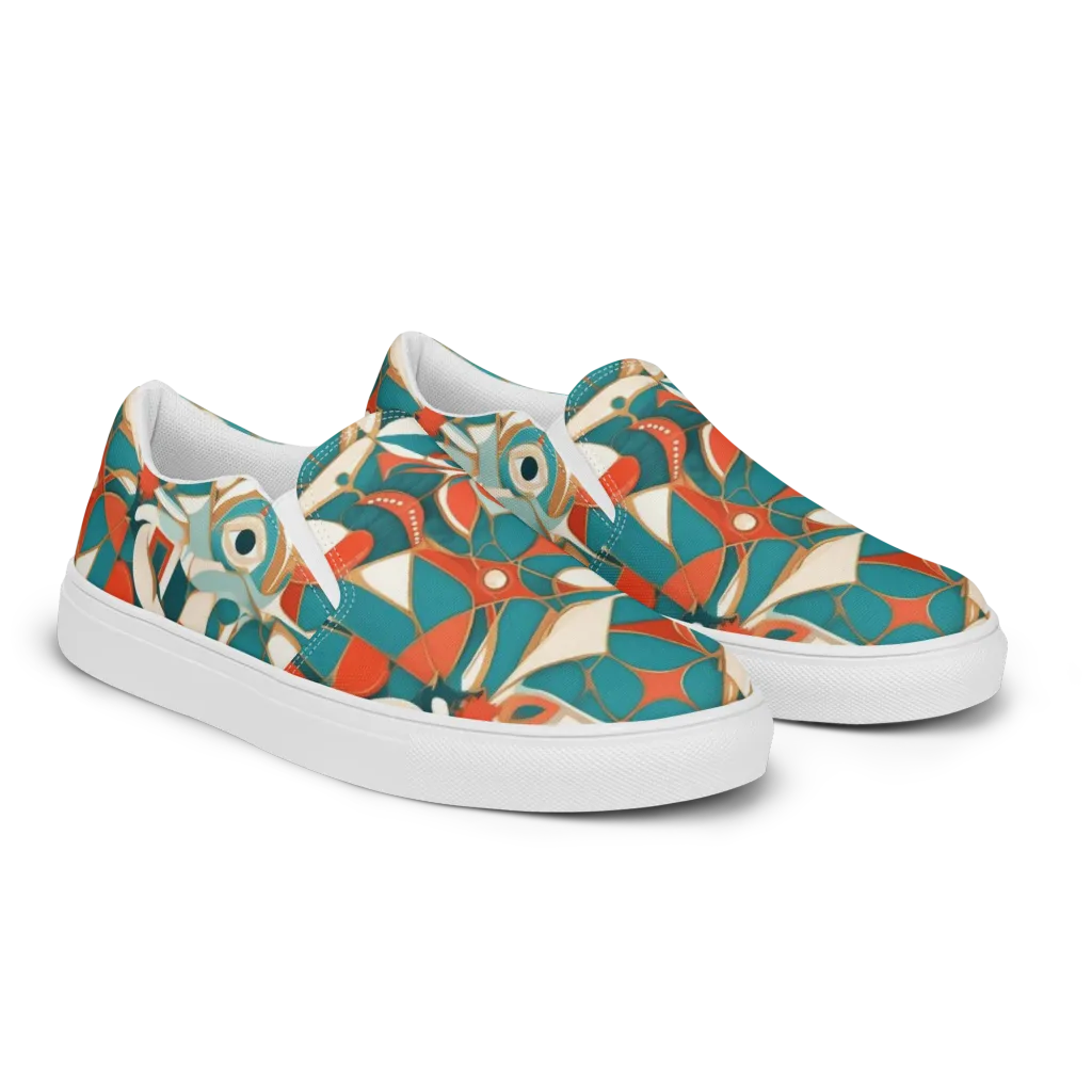 Teal Ember Mosaic on Women's Slip-On Canvas Shoes — Right Front