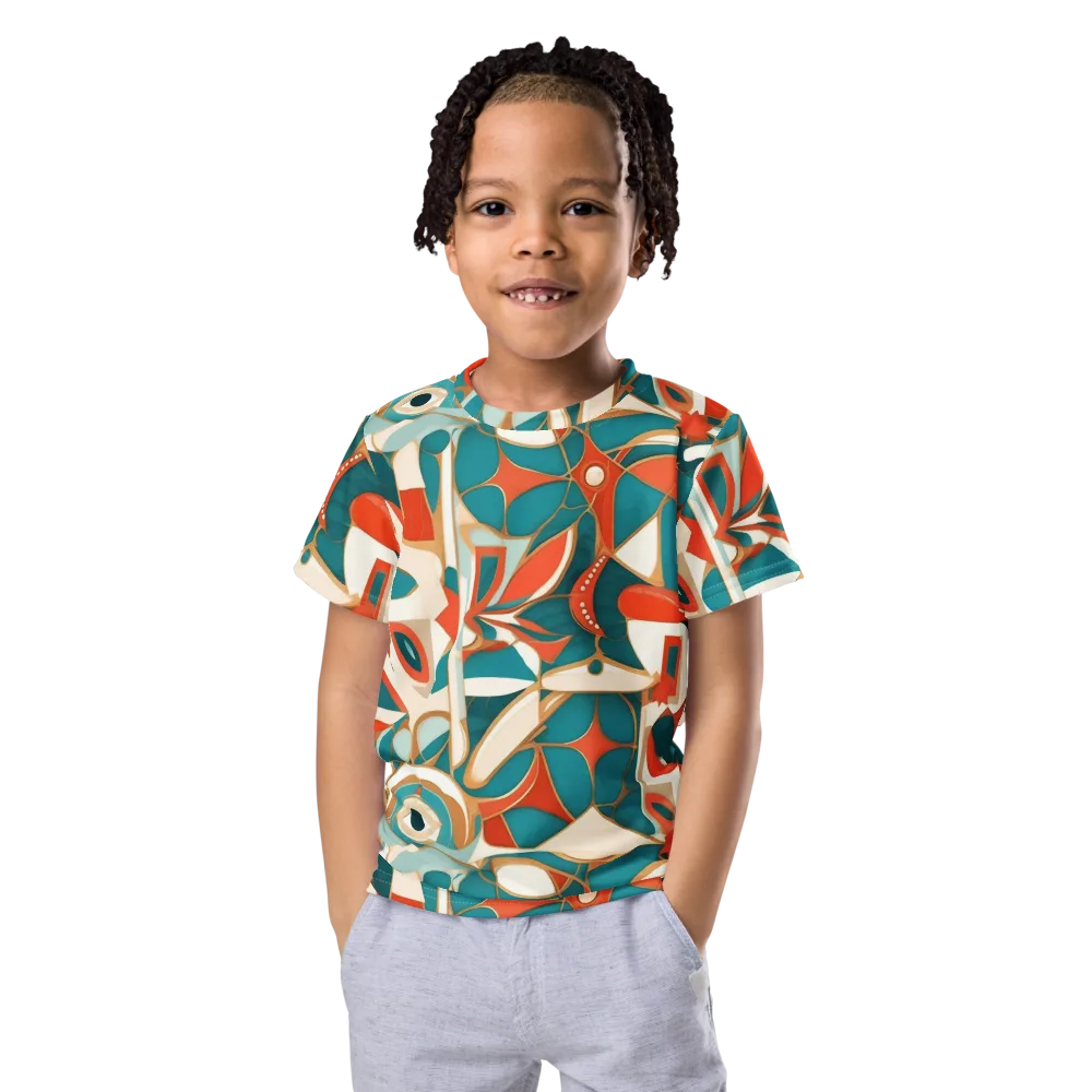 Teal Ember Mosaic on Kids Crew Neck T-Shirt — Front