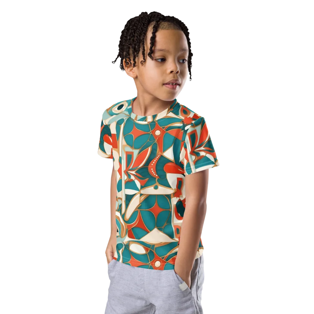 Teal Ember Mosaic on Kids Crew Neck T-Shirt — Left Front