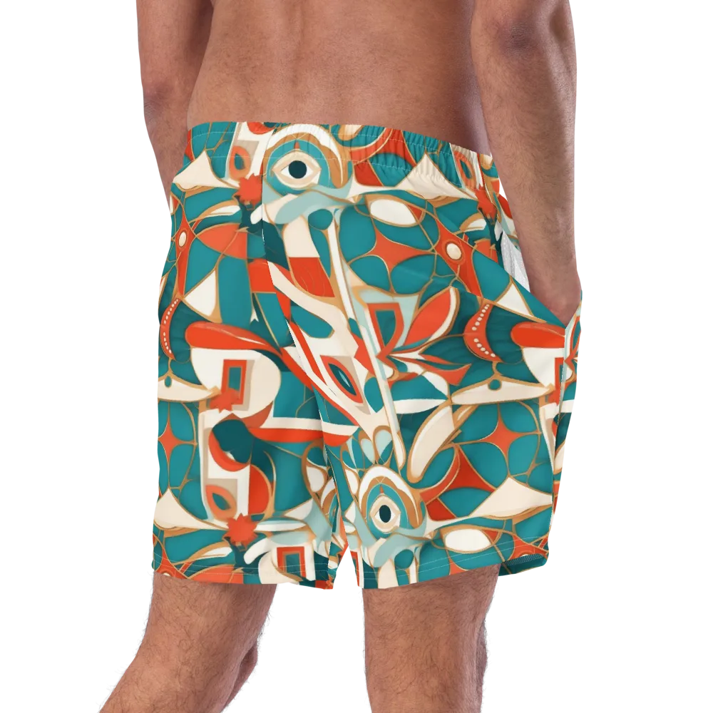 Teal Ember Mosaic on Swim Trunks — Right Back
