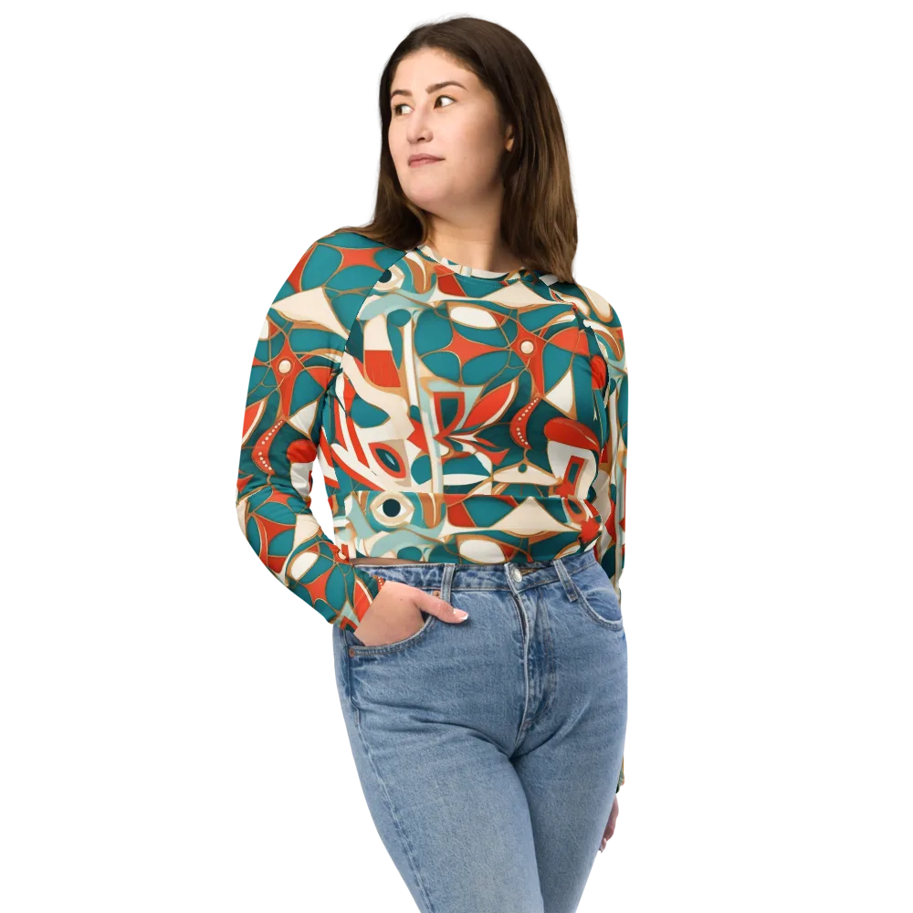 Teal Ember Mosaic on Long Sleeve Crop Top — Front