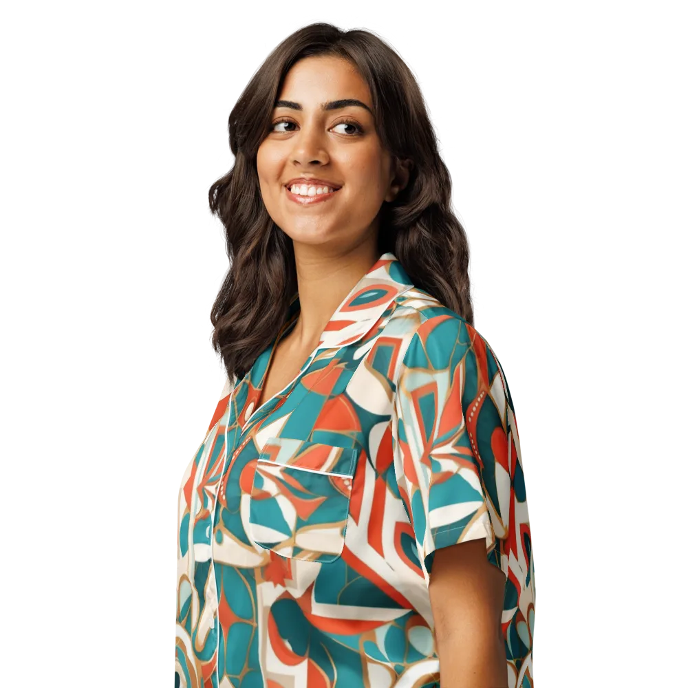 Teal Ember Mosaic on Women's Short Sleeve Pajama Top — Left Front