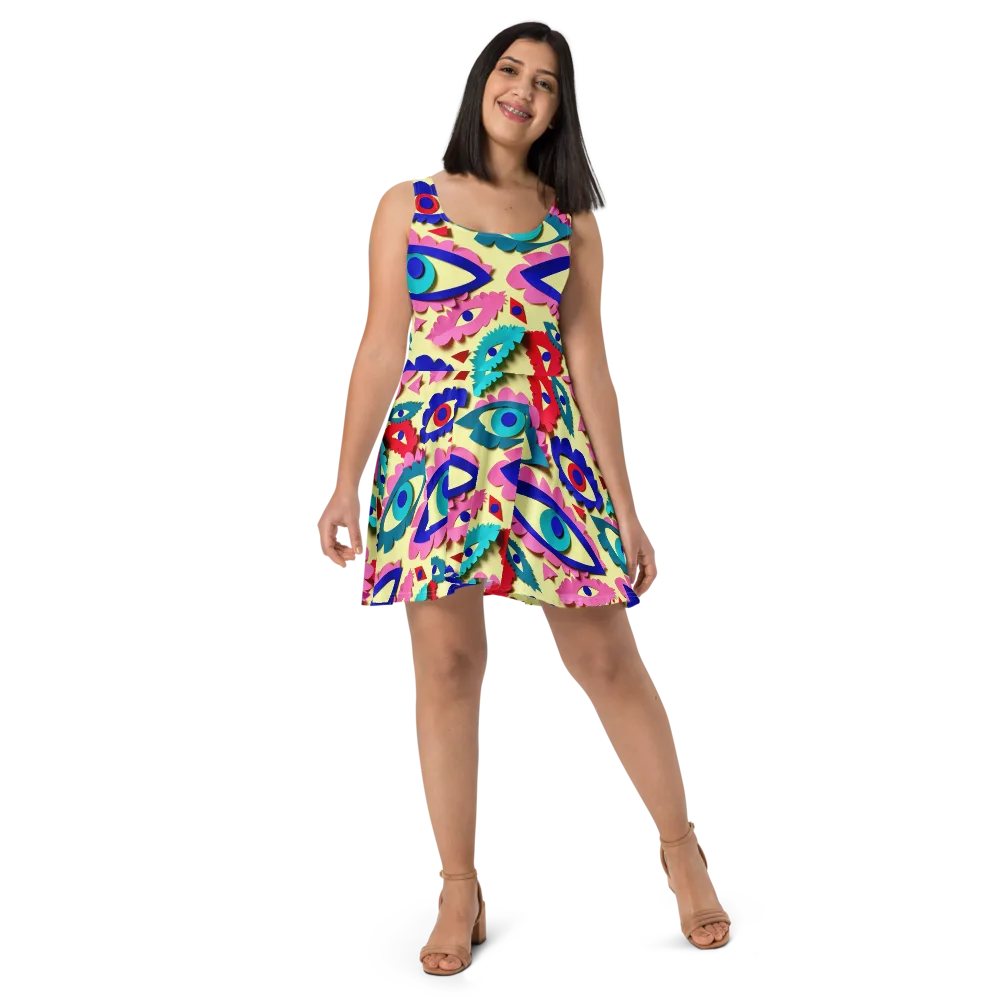 Paper Eye Parade on Skater Dress — Front