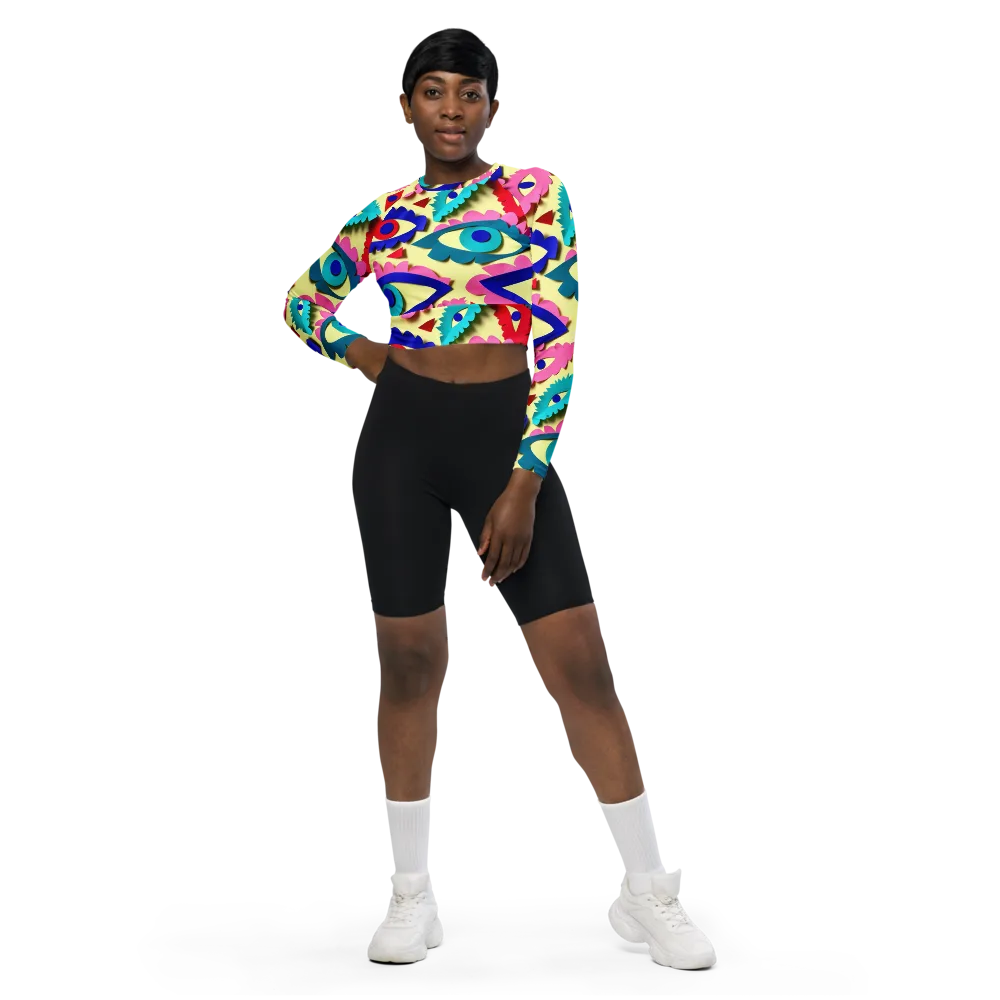 Paper Eye Parade on Long Sleeve Crop Top — Front