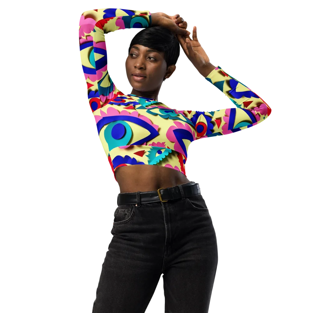 Paper Eye Parade on Long Sleeve Crop Top — Front