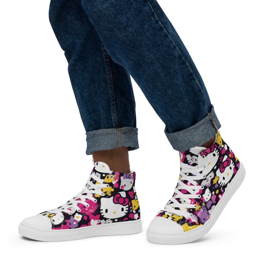 Neon Kitty Carnival on Men's High Top Canvas Shoes — Left