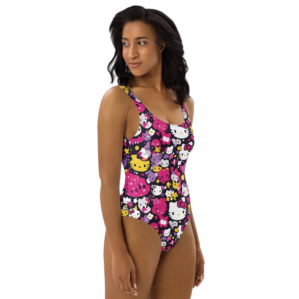 Neon Kitty Carnival on One-Piece Swimsuit — Right