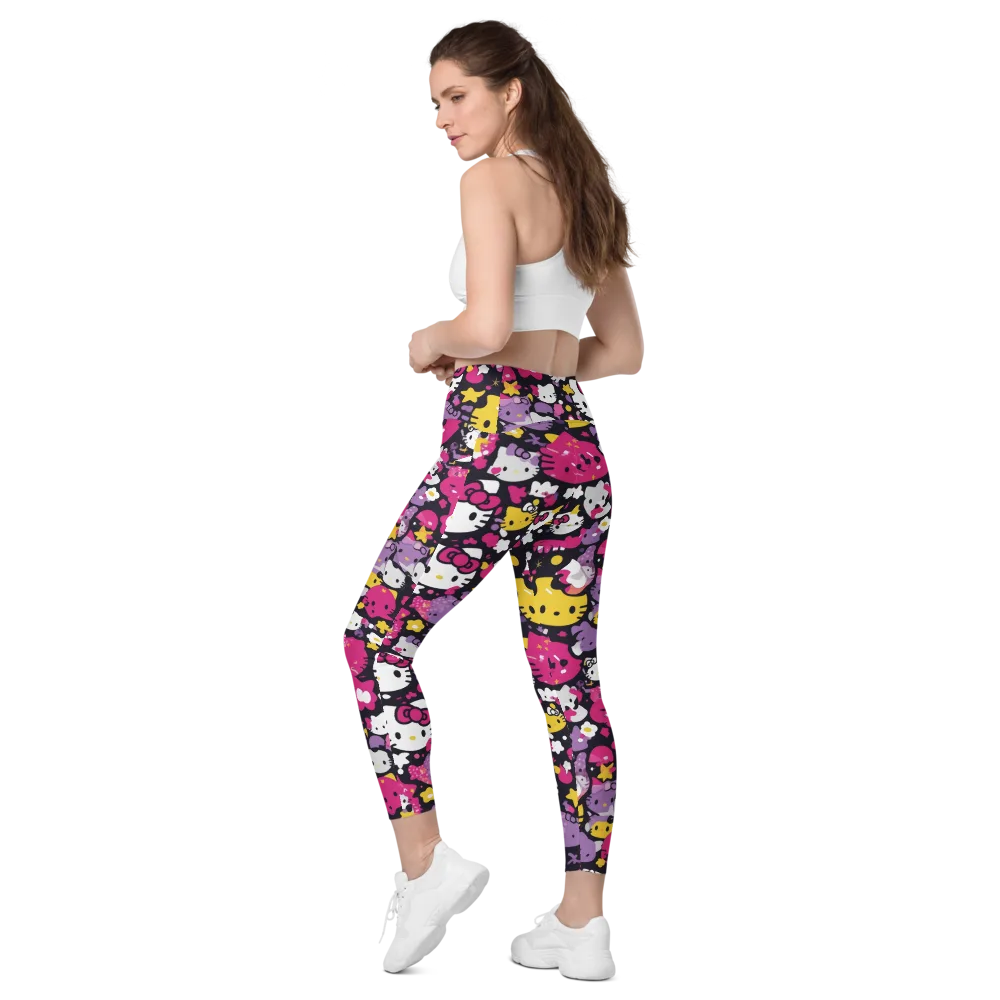 Neon Kitty Carnival on Leggings with Pockets — Left Back