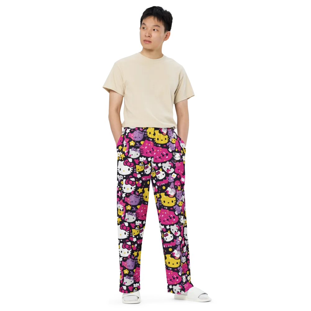 Neon Kitty Carnival on Wide-Leg Pants — Front