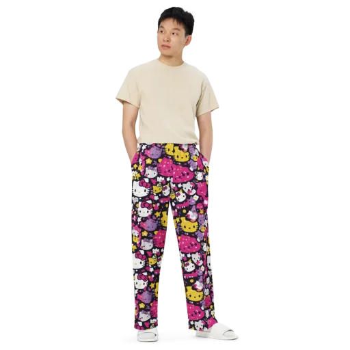 Neon Kitty Carnival on a Wide-Leg Pants