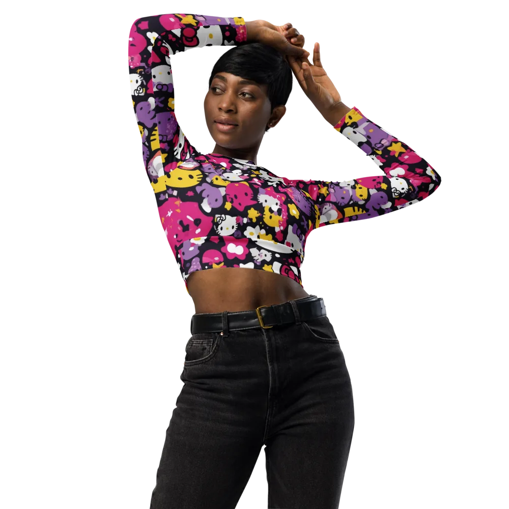 Neon Kitty Carnival on Long Sleeve Crop Top — Front