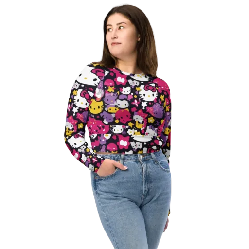 Neon Kitty Carnival on a Long Sleeve Crop Top