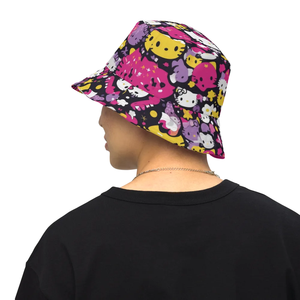 Neon Kitty Carnival on Reversible Bucket Hat — Back Inside