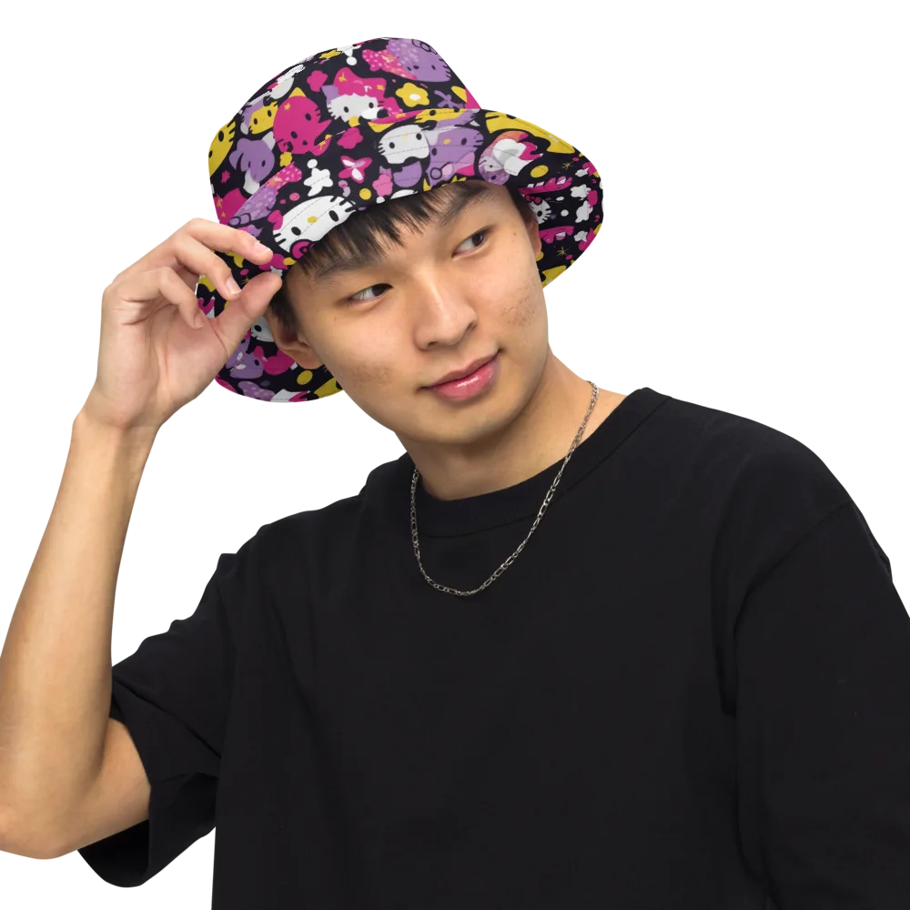 Neon Kitty Carnival on Reversible Bucket Hat — Front Inside