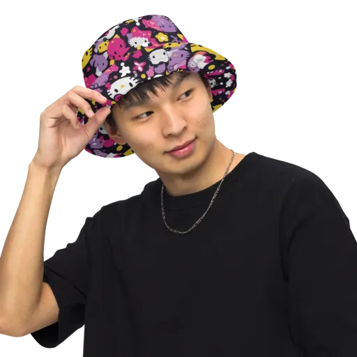 Neon Kitty Carnival on a Reversible Bucket Hat