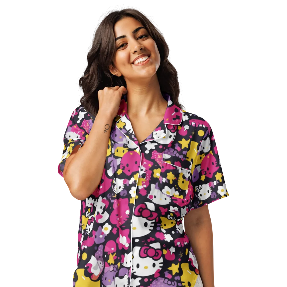 Neon Kitty Carnival on Women's Short Sleeve Pajama Top — Front